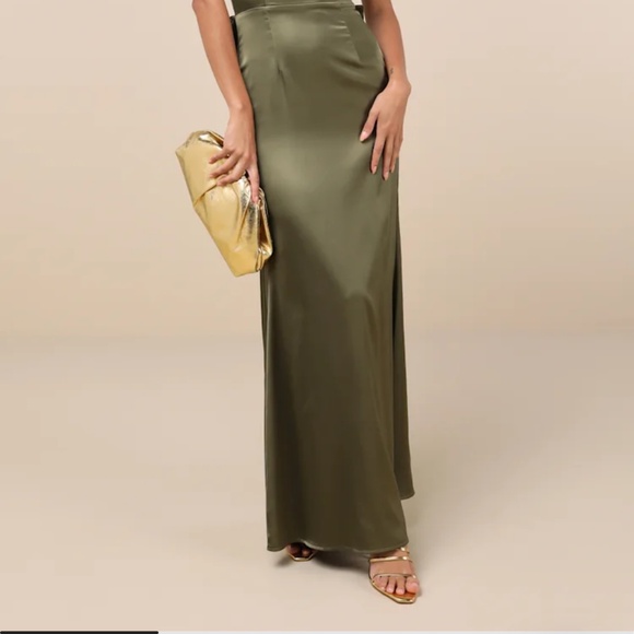 Lulus Absolutely Poised Olive Green Satin Strapless Bow Maxi Dress - Size L - Picture 2 of 5